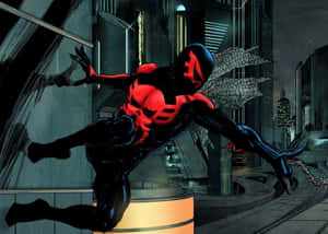 Spider-man 2099 Swinging Through Futuristic Cityscape Wallpaper