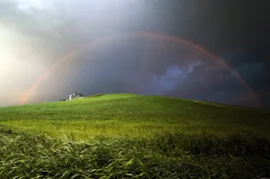 Standing At The Peak Of The Hills With A Beautiful Rainbow In Sight Wallpaper