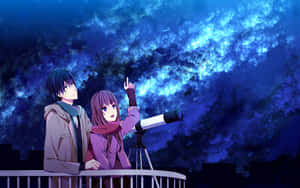 Stargazing Anime Couplewith Telescope Wallpaper