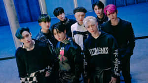 Stray Kids Group Pose Blue Backdrop Wallpaper