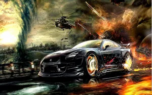 Street Racing Car Chased By Helicopter Wallpaper