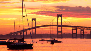 Stunning Sunset At Newport Bridge, Rhode Island Wallpaper