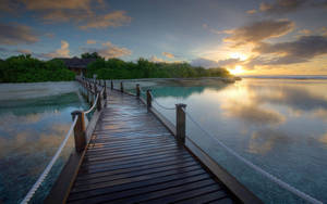 Stunning Sunset On Wooden Bridge Over Blue Sea Wallpaper