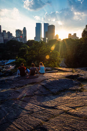 Sunset Central Park Rock Structure Wallpaper