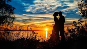 Sunset Couple Lake Wallpaper