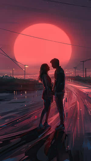 Sunset Couple Pink Anime Art Wallpaper