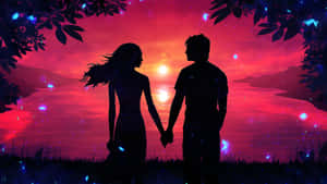 Sunset Couple Pink Art Wallpaper