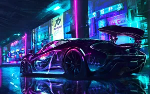 Supercar Neon City Street Wallpaper