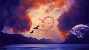 Surreal Heart Sky Fish Wallpaper