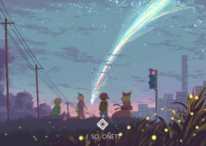 Surreal Urban Scene Of Earthbound With Comets Wallpaper