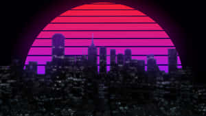 Synthwave City Buildings With Stripes Wallpaper