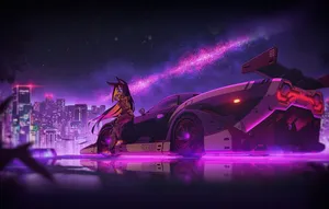 Synthwave City Girl On Car Wallpaper