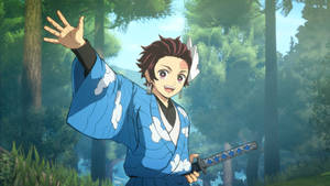 Tanjiro Kamado Wearing Blue Outfit Wallpaper