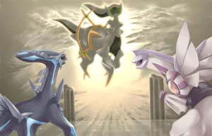The Cosmos Chain - Arceus, Palkia, And Dialga Wallpaper