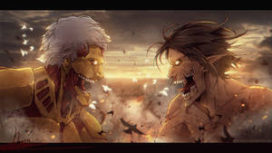 The Epic Battle Between The Armored Titan And Attack Titan Wallpaper