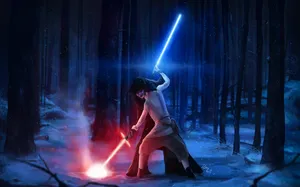 The Epic Space Battle Between Kylo Ren And Rey Wallpaper