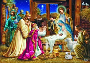 The Holy Nativity Scene With Biblical Visitors Wallpaper