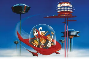 The Jetsons Riding Dark Red Space Car Wallpaper
