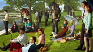 The Pam, Jim And Dwight Enjoy A Picnic For The Office Season 8 Wallpaper