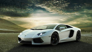 The White Lamborghini Aventador At Sunset Wallpaper