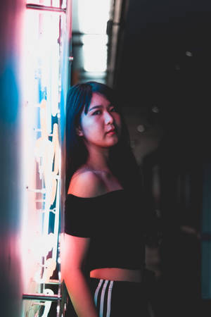 Tokyo Japan Girl With Neon Sign Wallpaper