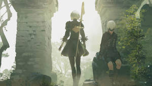 Two Android Warriors Meet At A Crossroads - 2b And 9s In Nier Automata Wallpaper