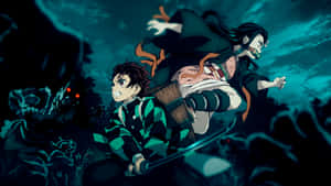 Two Anime Characters Are Flying In The Dark Wallpaper