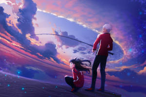 Two Anime Characters Standing On A Cliff Watching The Sky Wallpaper