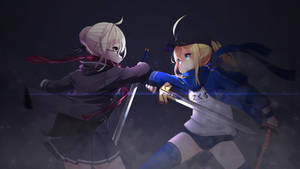 Two Anime Girls Fighting With Swords Wallpaper