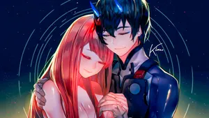 Two In Love: Hiro And Zero Two Shown Embracing Wallpaper
