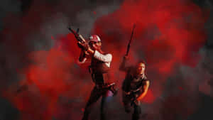 Two Men With Guns In Front Of A Red Background Wallpaper