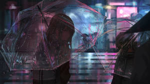 Two People Holding Umbrellas In The Rain Wallpaper