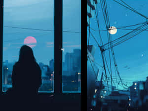 Two Pictures Of A Woman Looking Out Of A Window Wallpaper