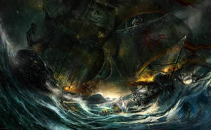 Two Pirate Ships Clash In An Epic Sea Battle. Wallpaper