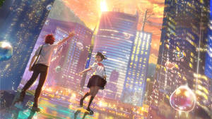 Two Teens In Anime City Surrounded By Incredible Views Wallpaper