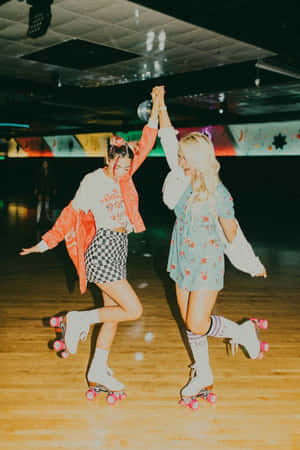 Two Women Rollerblading In A Roller Rink Wallpaper