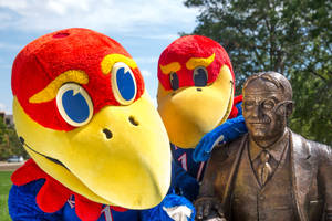 University Of Kansas Mascots Near Statue Wallpaper