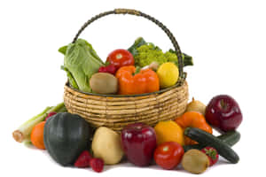 Vibrant Collection Of Fresh Fruits And Vegetables In A Round Basket Wallpaper