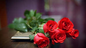 Vibrant Red Roses On A Laptop Display Wallpaper