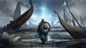 Viking Longships Lead A Warrior And His Warriors To Battle Wallpaper