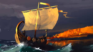 Viking Ship Painted Art Wallpaper