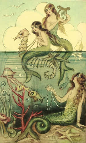 Vintage Drawing Of Three Mermaids Wallpaper