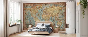 Vintage World Map Bedroom Interior Wallpaper