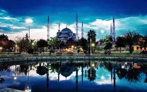Vivid Blue Mosque Water Reflection Wallpaper