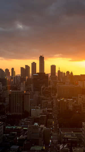 Watching A Beautiful Sunset Over A Vibrant City Skyline Wallpaper
