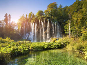 Waterfall In Lush Forest Landscape Wallpaper