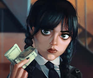 Wednesday Addams With Money Artwork Wallpaper