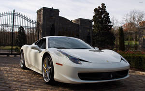 White Ferrari By The Gate Wallpaper