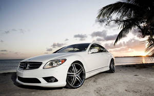 White Mercedes-benz Beach Sunset Hd Wallpaper