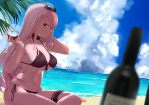 Wine And Anime Girl In Bikini Wallpaper